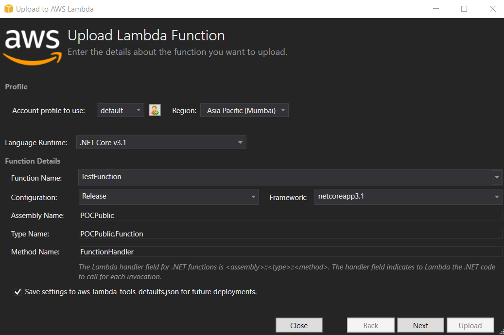 Upload Lambda Function Wizard